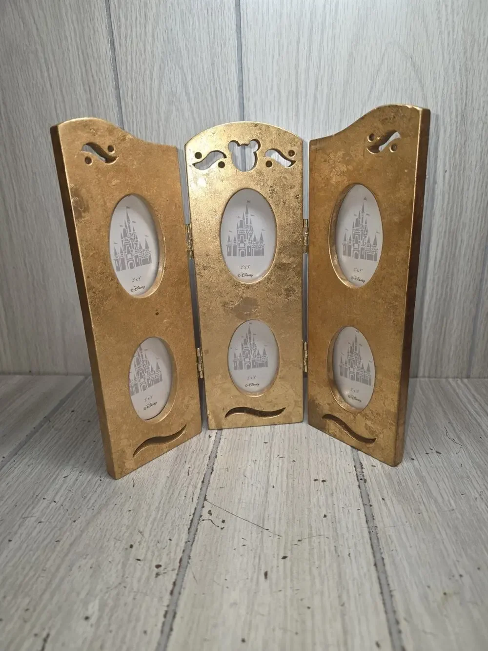 Disney Tri Fold Picture Frame Gold Baroque Mickey Mouse Holds 6 Pictures New